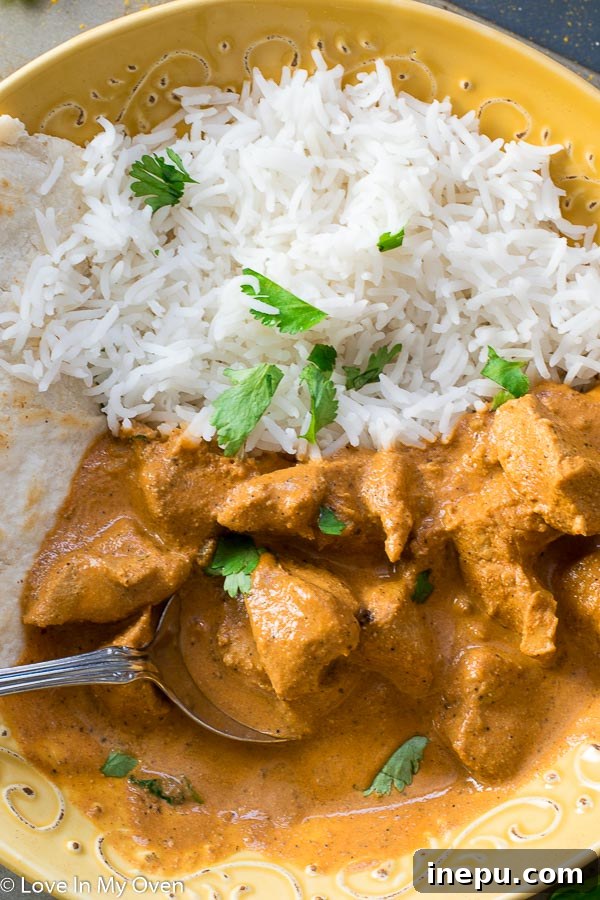 Instant Pot Chicken Tikka Masala with rice and naan