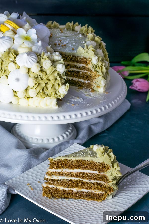 Top view of Matcha Vanilla Cake with piping details