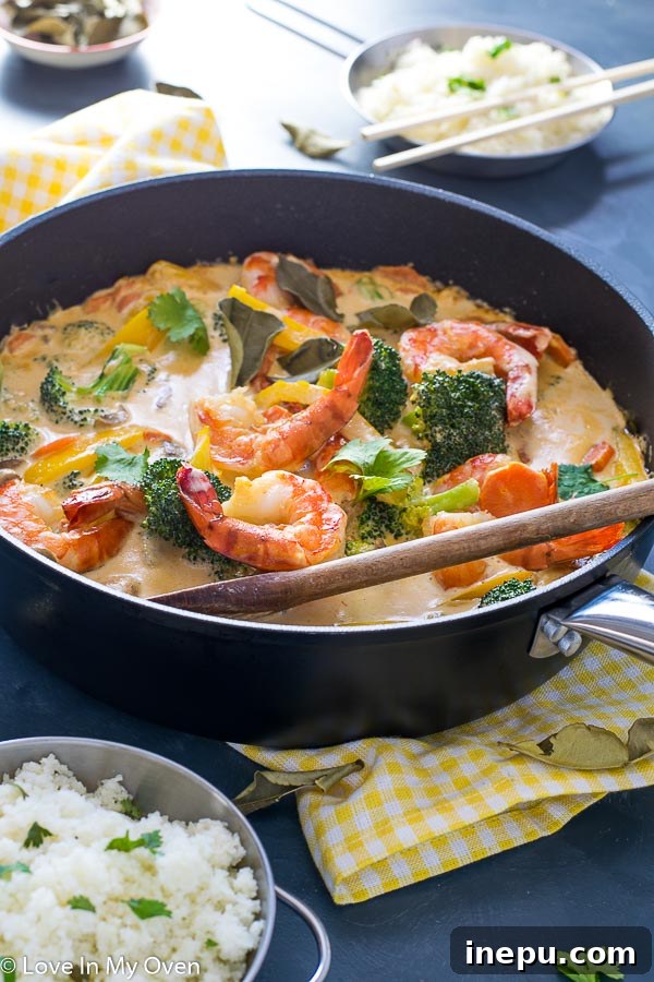 Another view of the prepared Red Thai Prawn Curry, showcasing its vibrant color and rich texture.
