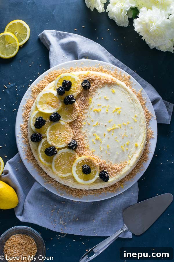 Delicious Keto Coconut Lemon Cheesecake with toasted coconut flakes