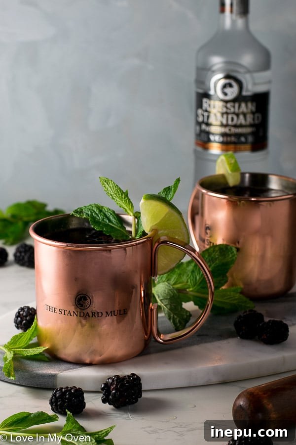 The Bramble Mule 4 Ingredients for Blackberry Mint Moscow Mules laid out: blackberries, mint, lime, vodka, and ginger beer.