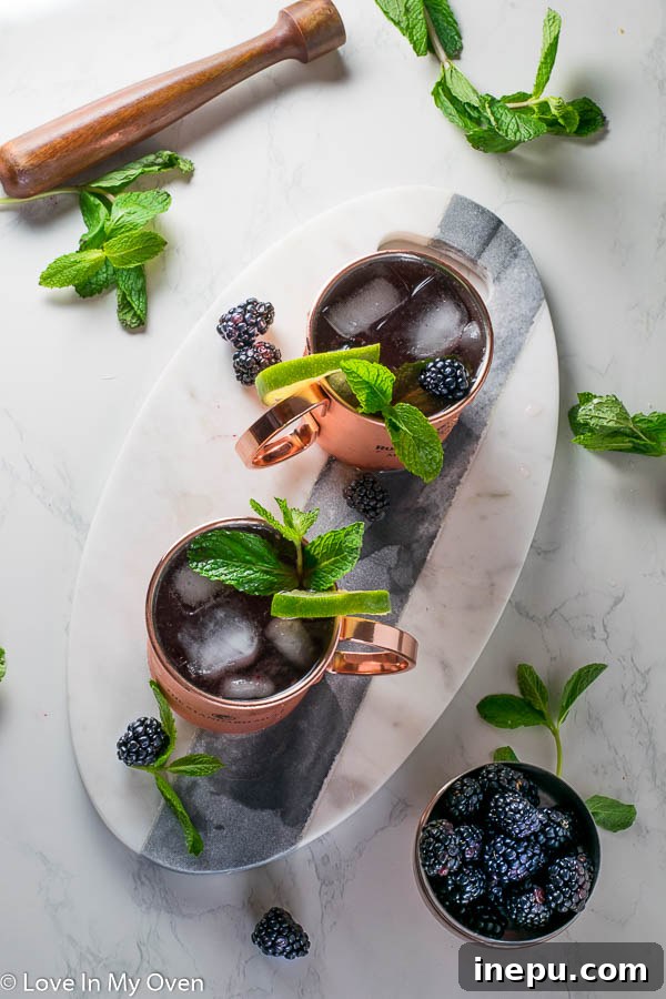The Bramble Mule 5 A hand holding a frosty copper mug with a Blackberry Mint Moscow Mule, garnished with fresh mint.