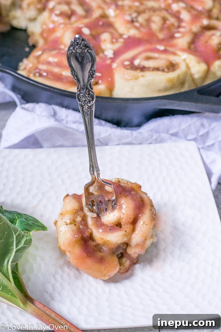 Delicious Rhubarb Streusel Rolls arranged in a cast iron skillet, perfect for a healthy breakfast treat. Features a vibrant pink rhubarb filling and crumbly streusel topping.
