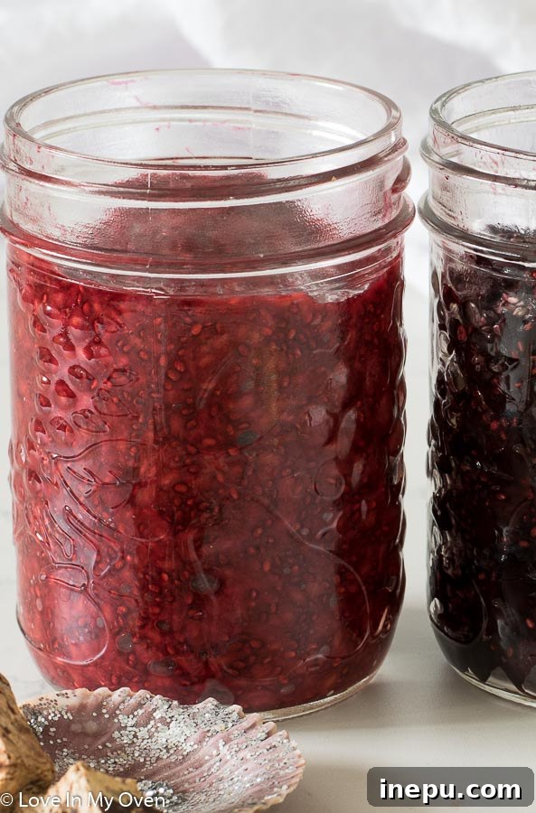Vibrant raspberry chia jam in a glass jar, showcasing its smooth yet textured consistency.