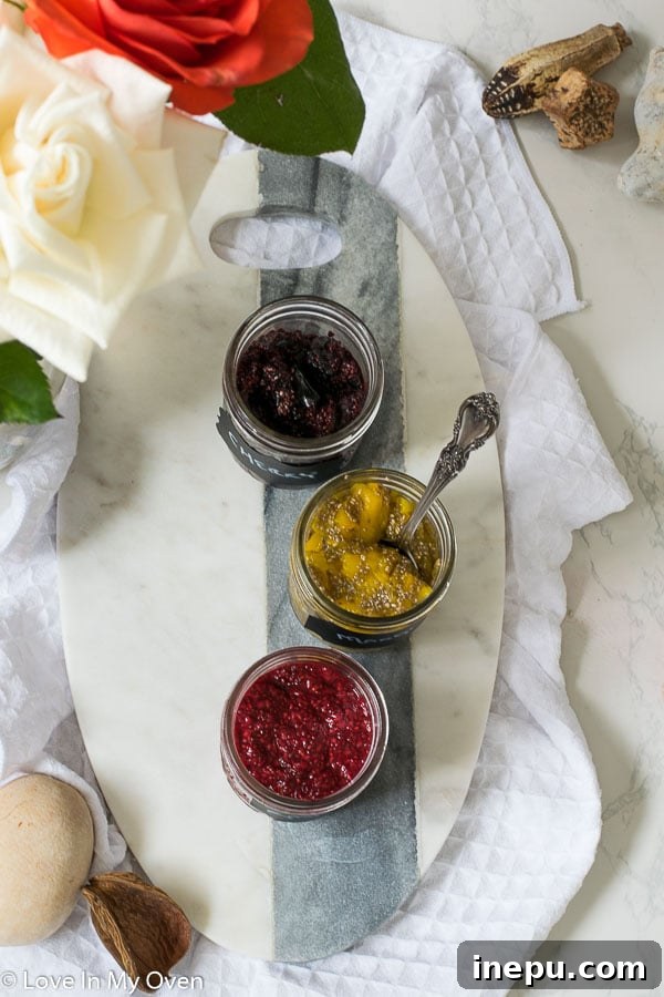 Close-up of freshly made 3-ingredient chia jam in a jar, highlighting the chia seeds for texture.