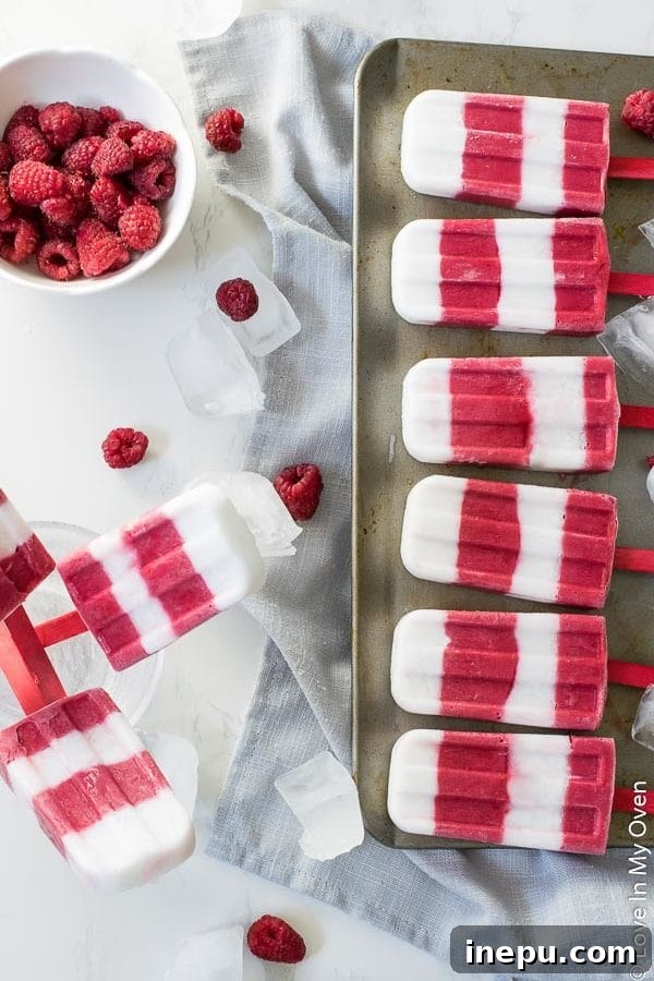 Raspberry Coconut Frozen Delights 2 Delicious and healthy raspberry coconut popsicles with vibrant red and white layers