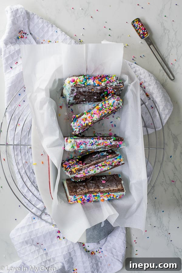 A close-up of the side of a birthday cake ice cream sandwich, showing off the colorful sprinkles on the edge.