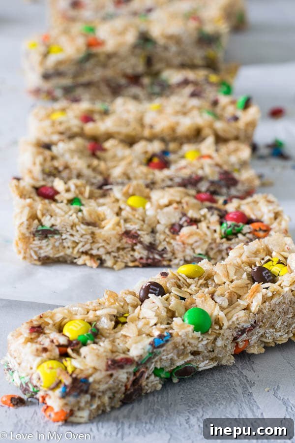 A vibrant display of mini M&M granola bars, perfect for a cheerful and energizing snack.