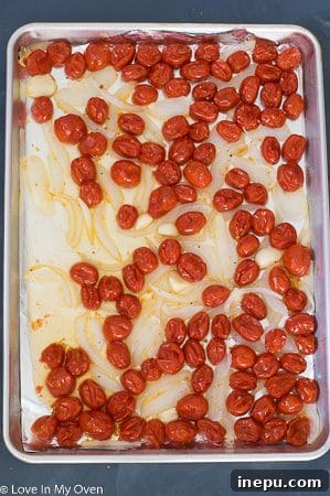 Sun-Kissed Tomato Basil Bisque 4 Close-up of roasted tomatoes ready for blending