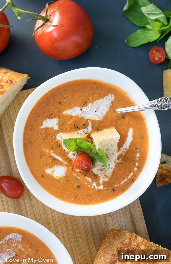Sun-Kissed Tomato Basil Bisque 7 Overhead shot of creamy roasted tomato basil soup in a bowl with a spoon