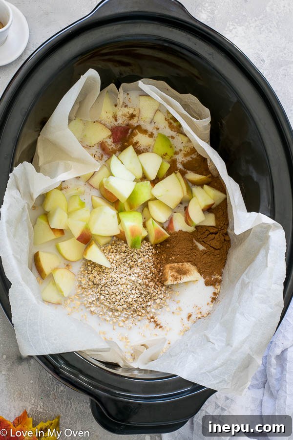Slow Cooker Apple Pie Oatmeal 4 Mixing ingredients in the crockpot before cooking