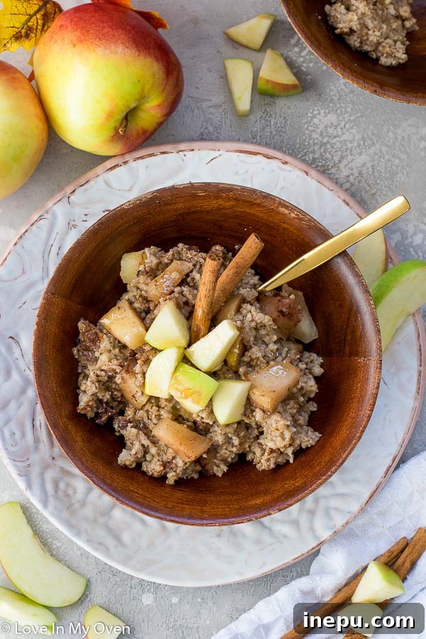 Slow Cooker Apple Pie Oatmeal 5 Close-up of cooked Crockpot Apple Cinnamon Oatmeal topped with fresh apple slices