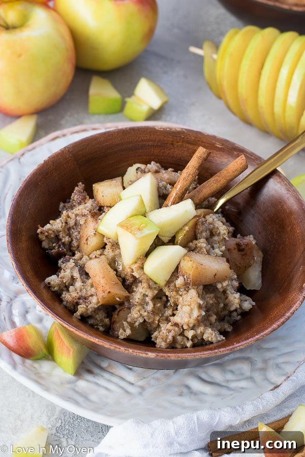 Slow Cooker Apple Pie Oatmeal 7 Close-up of a bowl of Crockpot Apple Cinnamon Oatmeal topped with cinnamon and syrup