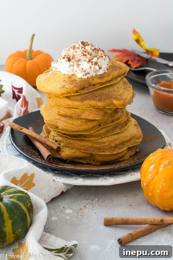Spiced Buttermilk Pumpkin Pancakes 2 buttermilk pumpkin pancakes stack on a plate with syrup and whipped cream