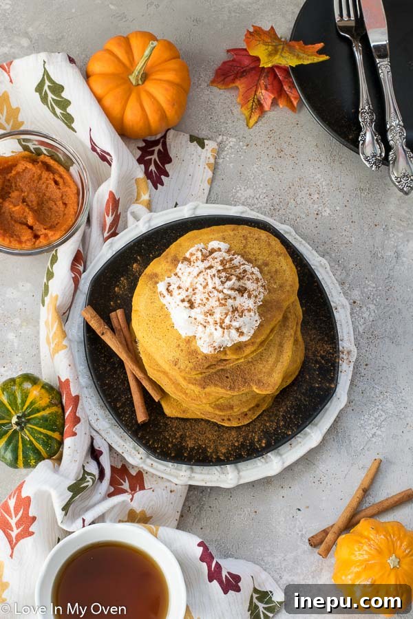Spiced Buttermilk Pumpkin Pancakes 5 finished buttermilk pumpkin pancakes on a plate, ready to be served