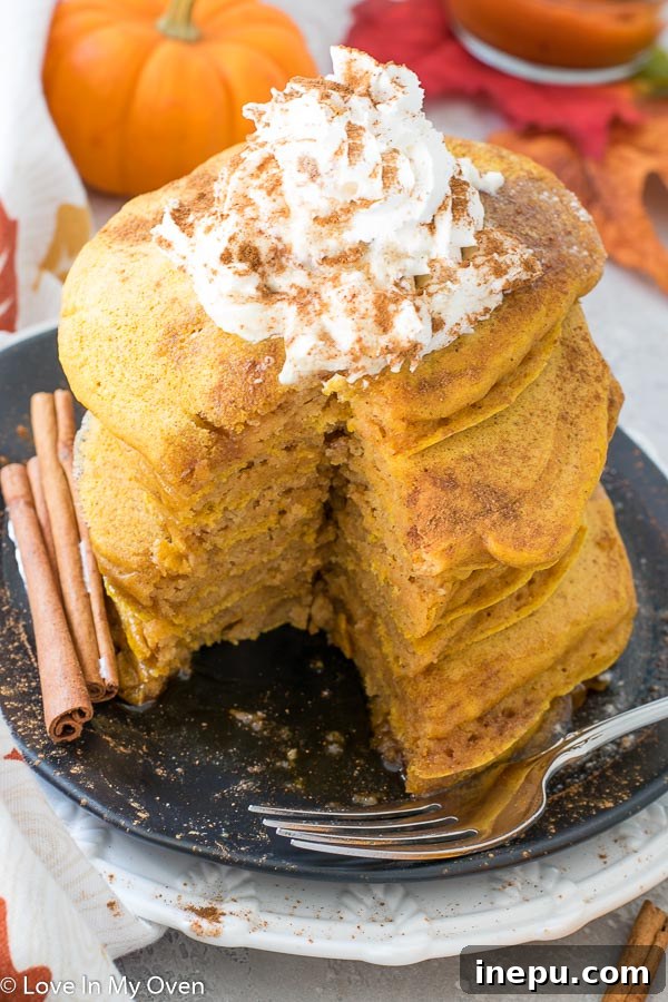 Spiced Buttermilk Pumpkin Pancakes 7 plate of buttermilk pumpkin pancakes with toppings