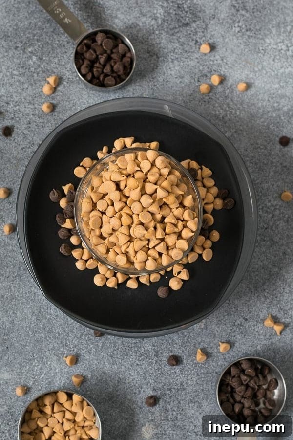 Close-up of golden butterscotch chips, essential for delicious blondies.