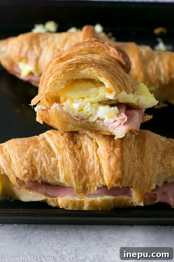 Morning Croissant Delights 2 Flaky breakfast croissants with ham, egg, and cheese