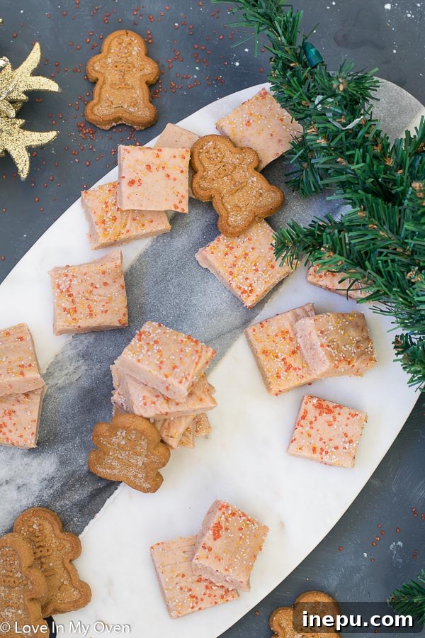 Close-up of creamy gingerbread fudge squares, showing the perfect texture for an easy Christmas dessert