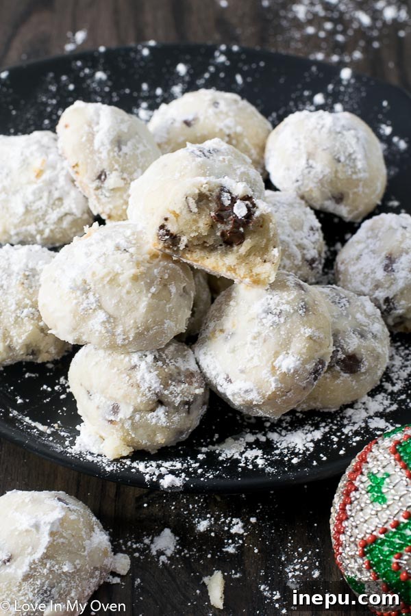 A hand reaching for a perfectly round, powdered sugar-dusted chocolate chip snowball cookie.