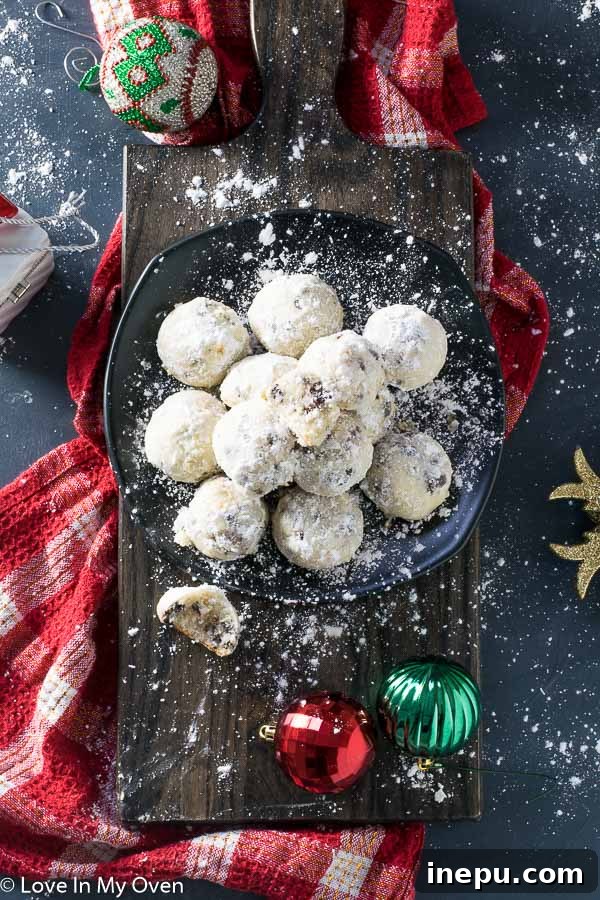 A close-up shot of several chocolate chip snowball cookies, showcasing their delicate texture and snowy coating.