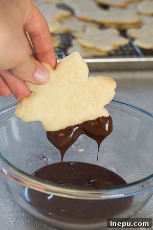 chocolate dipped cookie being decorated with sprinkles
