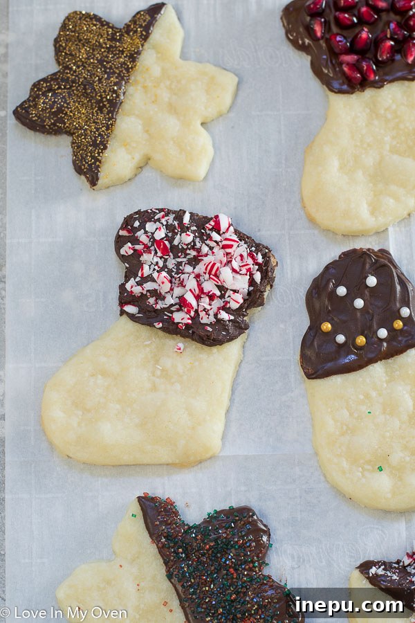 various chocolate covered shortbread cookies with festive toppings