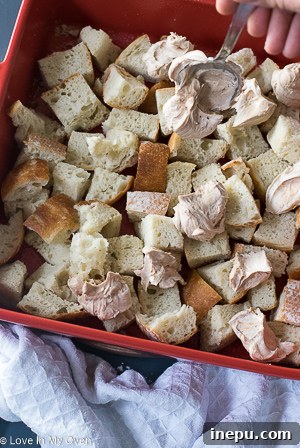 bread cubes soaking in custard