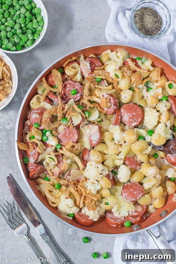 veggie and sausage pasta skillet, quick dinner idea, family-friendly meal
