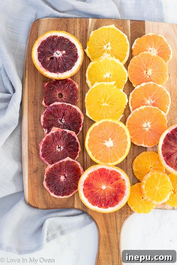 Caramelized Orange Bliss 3 Multiple types of citrus slices arranged on parchment paper