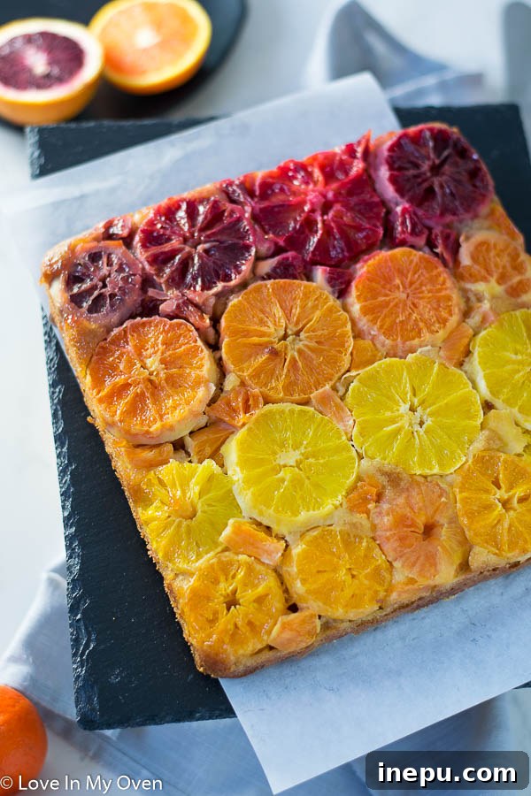 Caramelized Orange Bliss 6 Close-up of a perfectly baked orange upside down cake with a golden crust