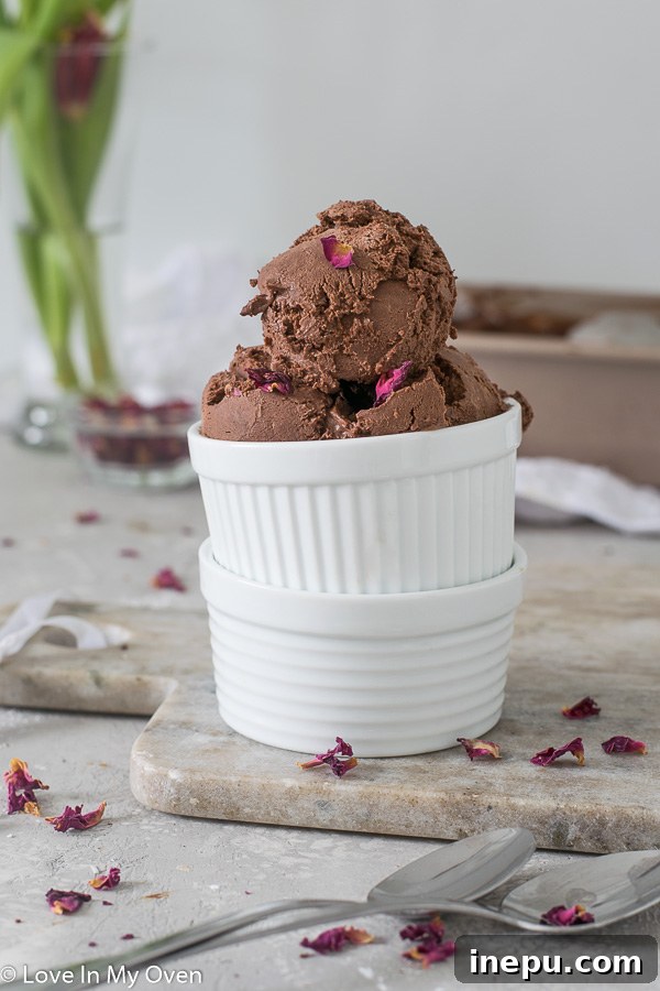 Scooped vegan chocolate ice cream (no churn) topped with chocolate shavings