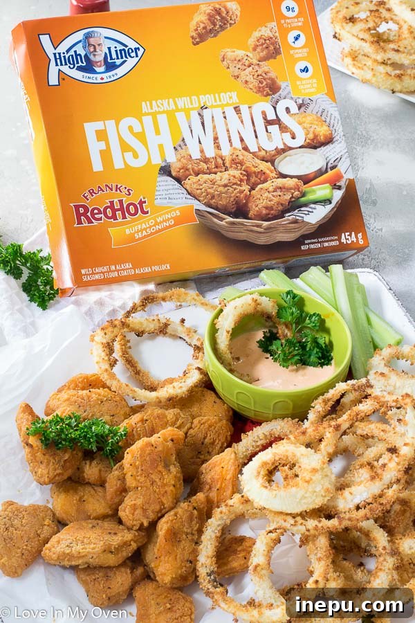 Crispy Oven Rings with Golden Fish Bites 2 Oven Baked Onion Rings and Fish Wings Appetizer