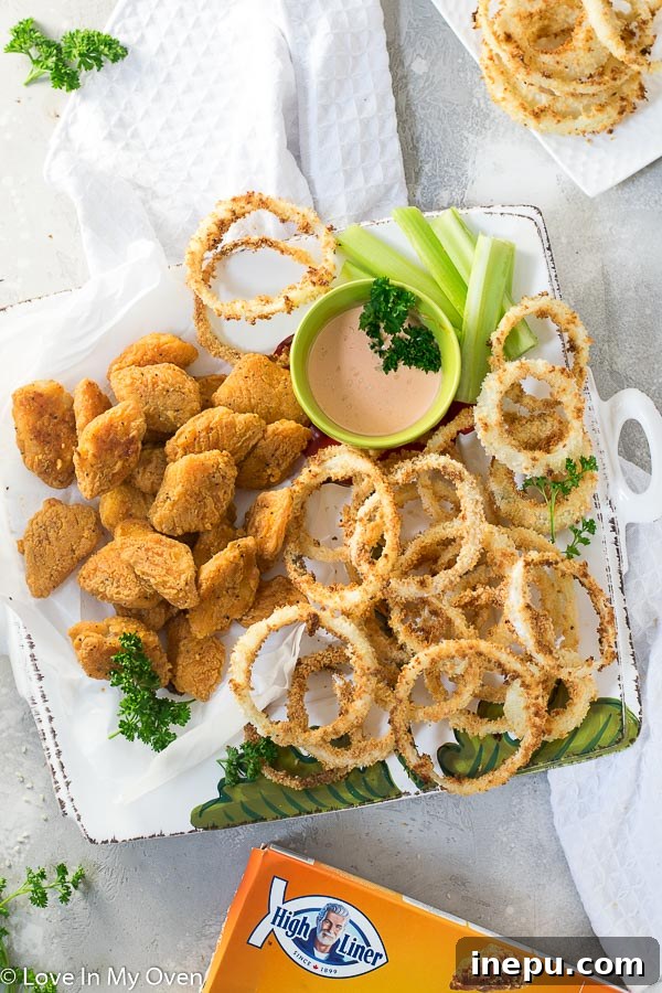 Crispy Oven Rings with Golden Fish Bites 8 Serving Oven Baked Onion Rings and Fish Wings with Aioli