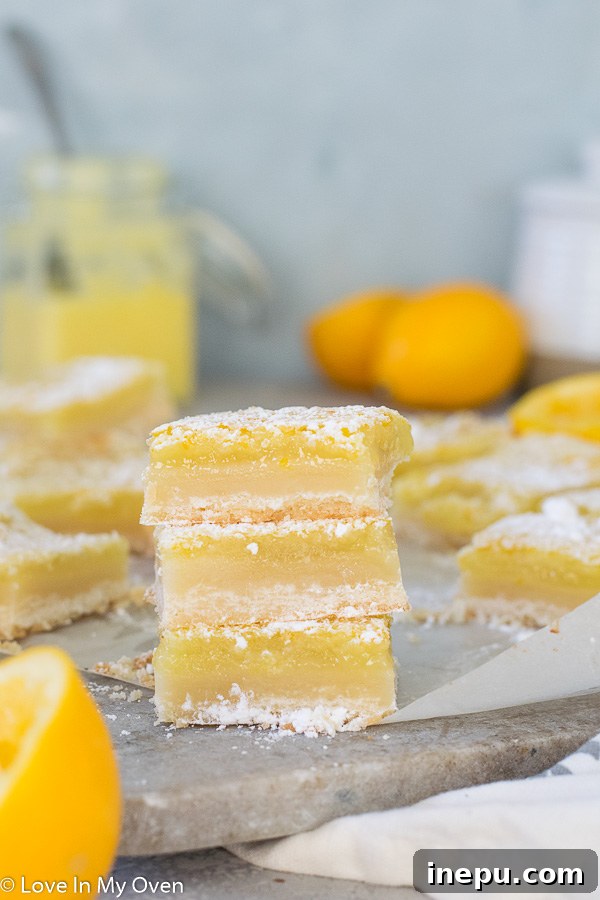 Bright Meyer Lemon Dream Bars 2 Delicious Meyer Lemon Bars with a buttery shortbread crust, topped with powdered sugar.