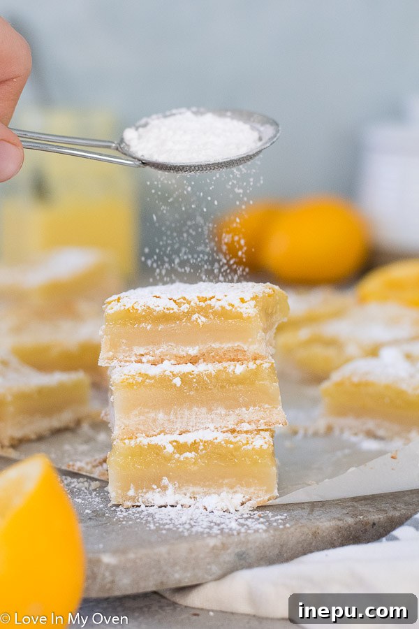 Bright Meyer Lemon Dream Bars 7 Seven Meyer lemon bars neatly arranged in a row, with a focus on their bright yellow color.