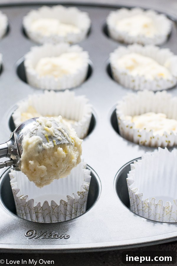 Zesty Lemon Glazed Muffins 6 Muffin batter in scoop