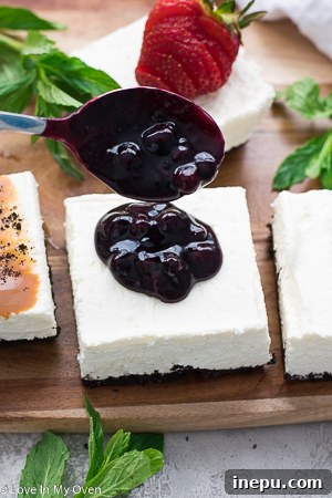 No-bake cheesecake bars with various toppings
