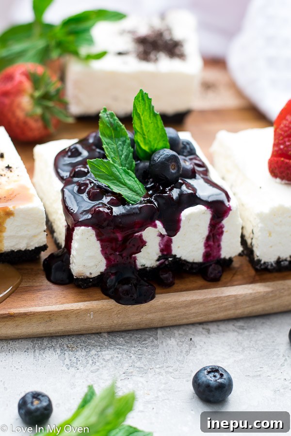Close-up of creamy no-bake cheesecake bars