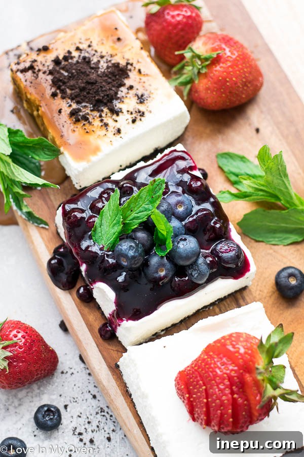 No-bake cheesecake bars on a serving platter