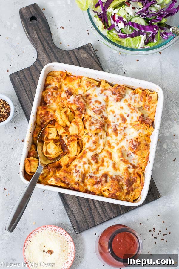 Ultimate Cheesy Tortellini Bake 2 Delicious Cheesy Tortellini Bake fresh from the oven, bubbling with marinara sauce and melted mozzarella cheese.