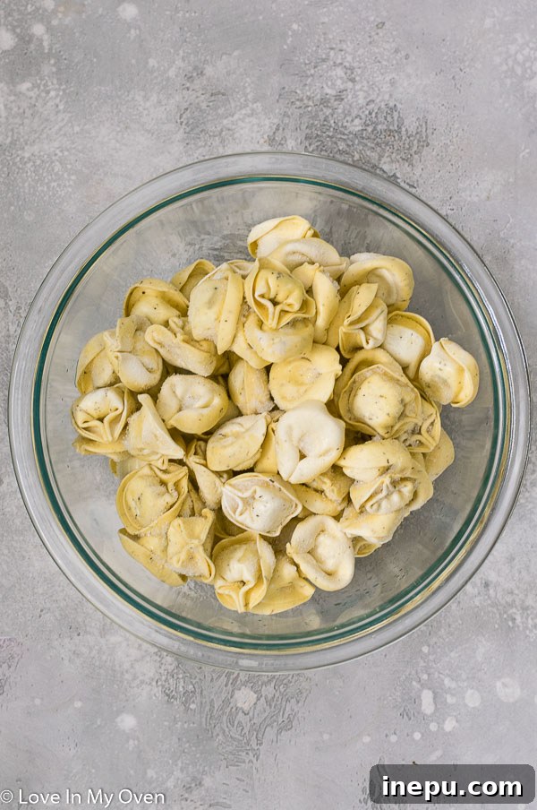 Ultimate Cheesy Tortellini Bake 3 Cooked tortellini being mixed with vibrant marinara sauce.