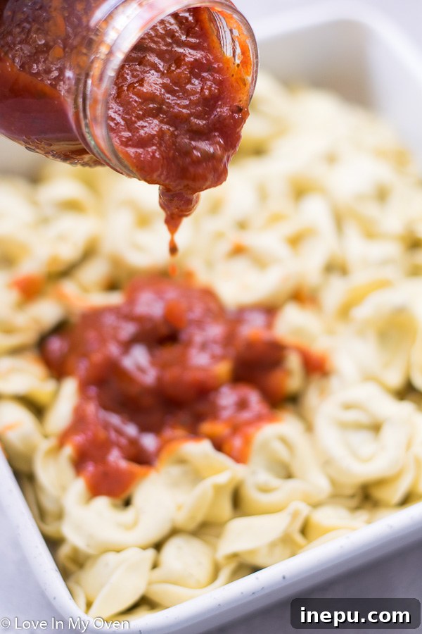 Ultimate Cheesy Tortellini Bake 4 Tortellini and sauce spread evenly in a casserole dish.