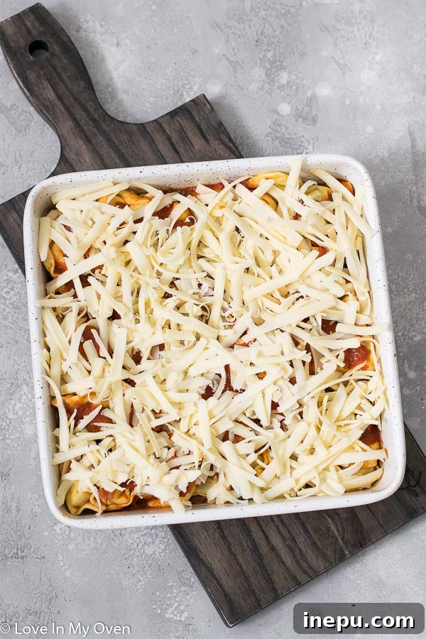 Ultimate Cheesy Tortellini Bake 5 Casserole dish topped with a generous layer of mozzarella cheese.