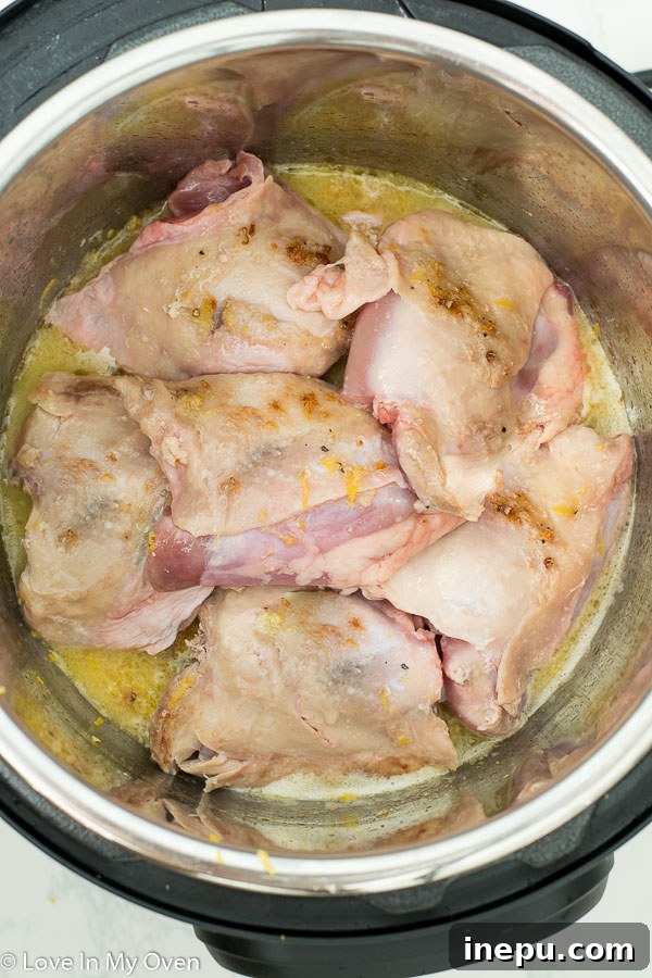 Instant Pot Lemon Garlic Chicken Thighs served on a plate with sauce