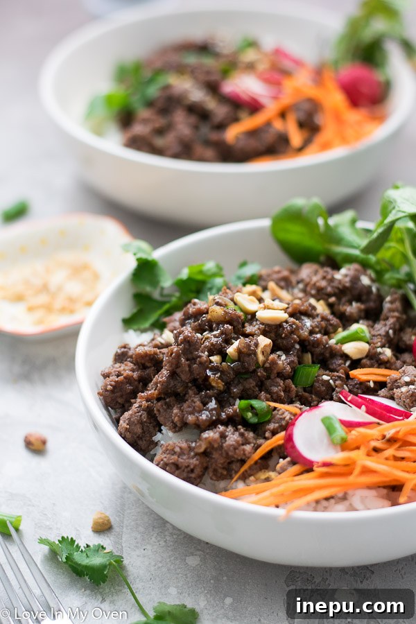 Sticky Hoisin Beef Bowls 3 Close-up of hoisin beef mixed with sauce