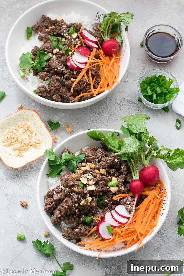 Sticky Hoisin Beef Bowls 5 Hoisin Beef Bowls served with rice and fresh toppings