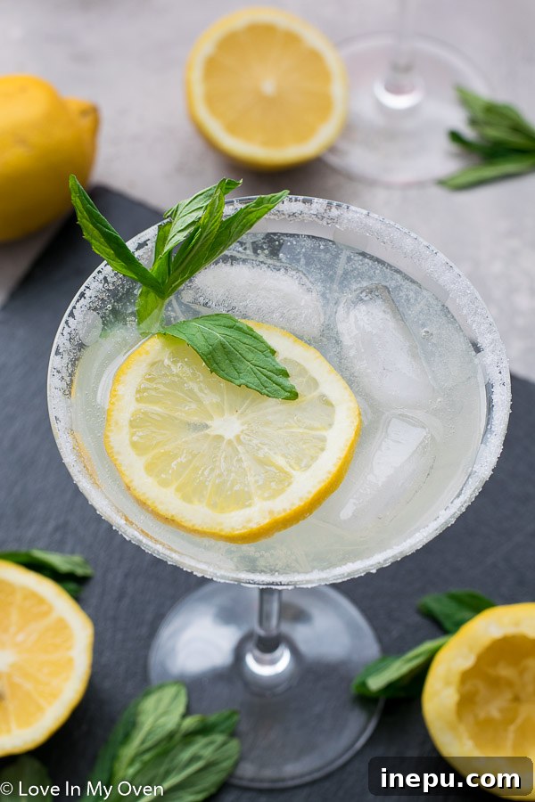 A hand holding a lemon vodka cocktail with a sugar-rimmed glass.