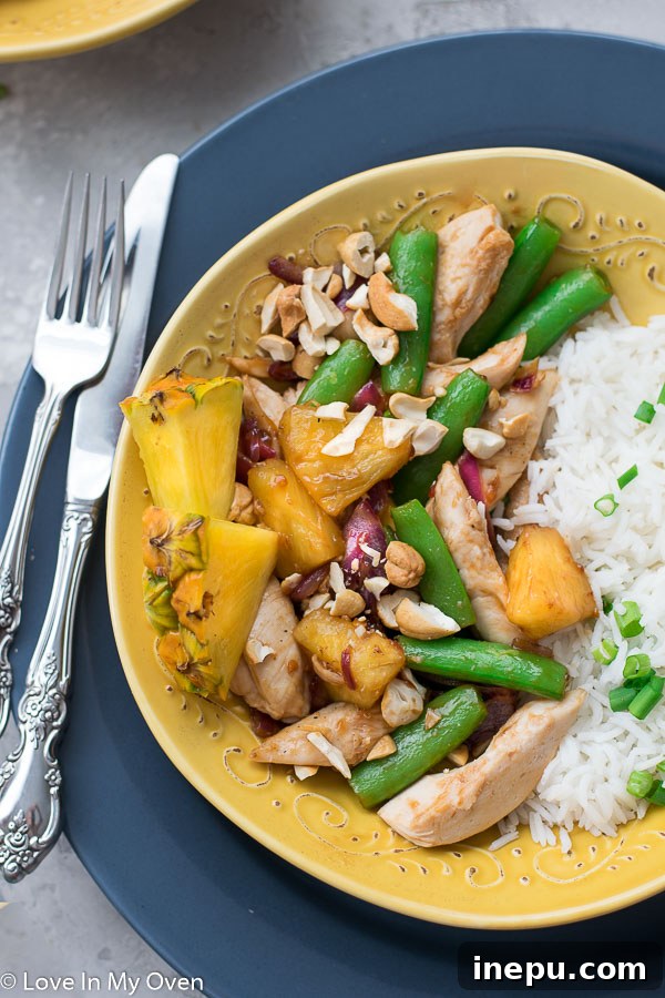 Golden Pineapple Chicken Stir-Fry 3 Close-up of the colorful chicken and pineapple stir fry, showcasing fresh ingredients and a rich sauce, a prime Hello Fresh recipe.