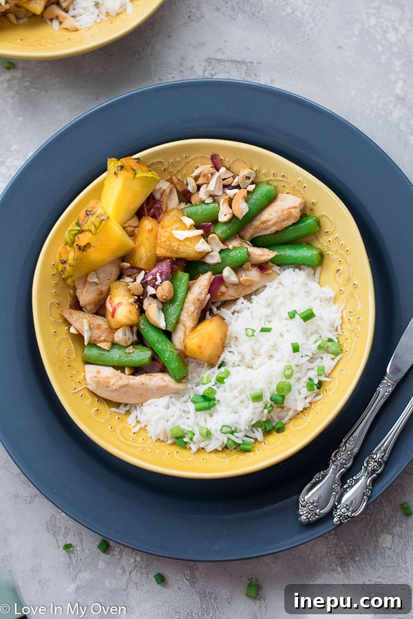 Golden Pineapple Chicken Stir-Fry 7 A bowl of freshly made chicken and pineapple stir fry, beautifully garnished and ready to eat.